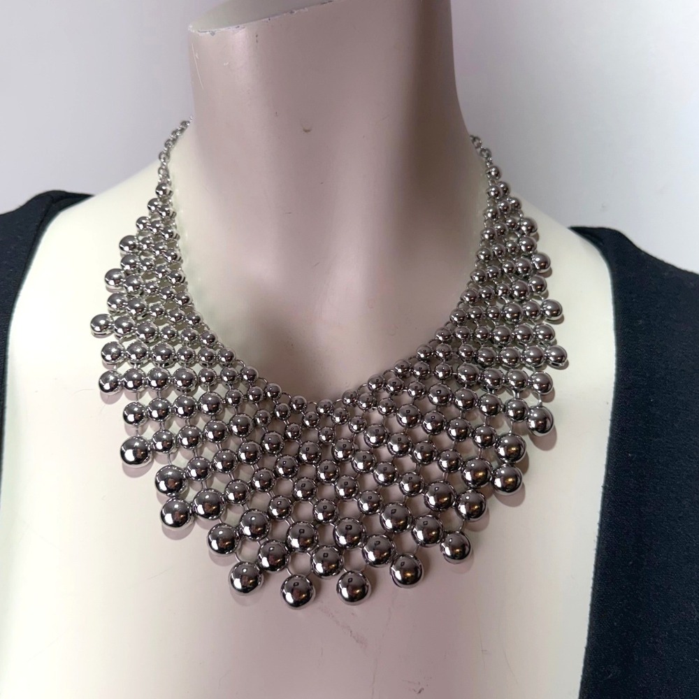 Statement Bib Necklace Silver Metal Disc Mesh Cybercore Space Age Night Out OS